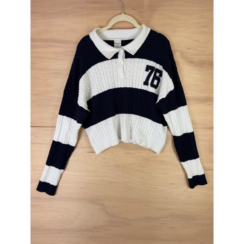 No Boundaries Navy Blue White Striped Cable Knit Polo Sweater Crop 76 Patch XXL